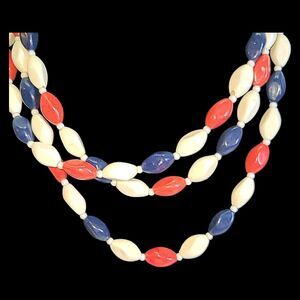 Vintage 1960's Long Red White And Blue Plastic Beaded Necklace 48"